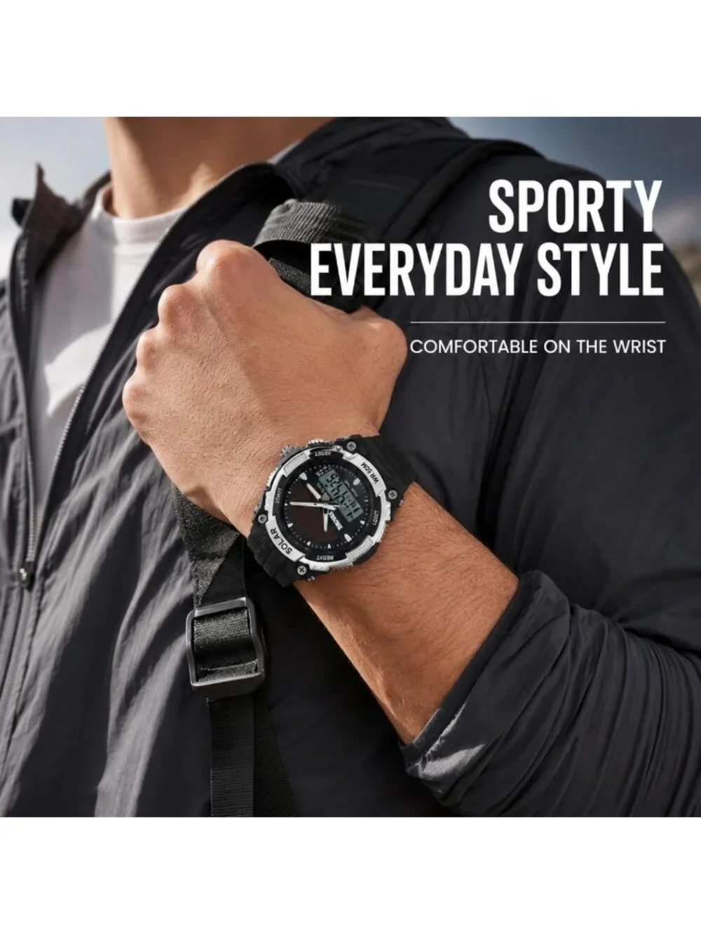 Men's Solar Powered Military Digital Watch - Waterproof, LED, 2 Time Zones